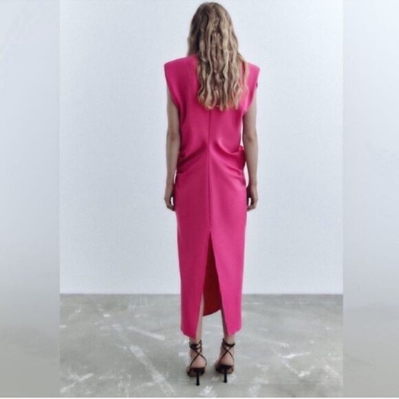 Zara Ruched Pink MIDI Dress With
Slits(Size Small) - Picture 3 of 9